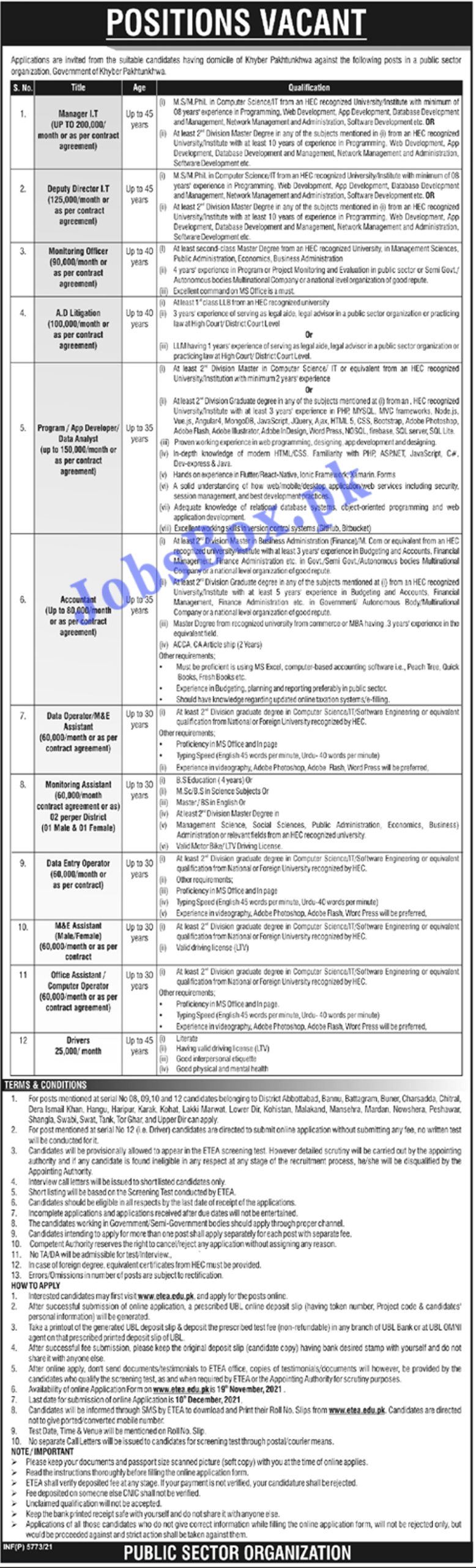 Government Jobs in KPK 2021 via ETEA www.etea.edu.pk