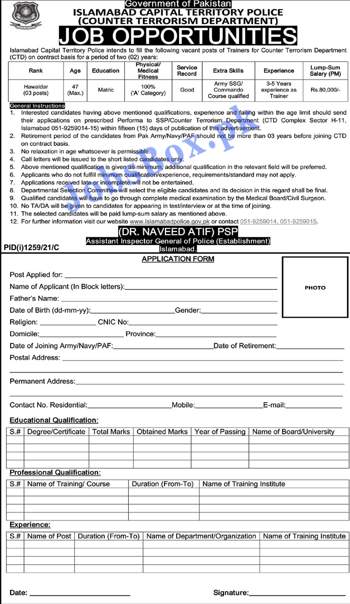 Islamabad Police Jobs 2021 - Counter Terrorism Department CTD Jobs