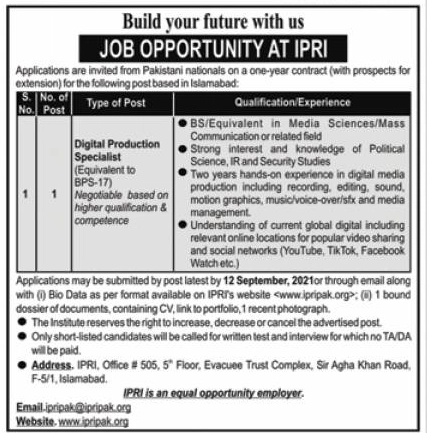 Islamabad Policy Research Institute IPRI Jobs 2021