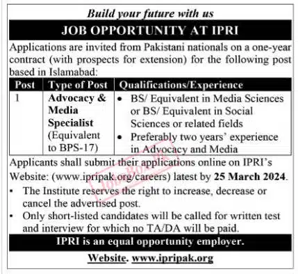 Islamabad Policy Research Institute IPRI Jobs 2024