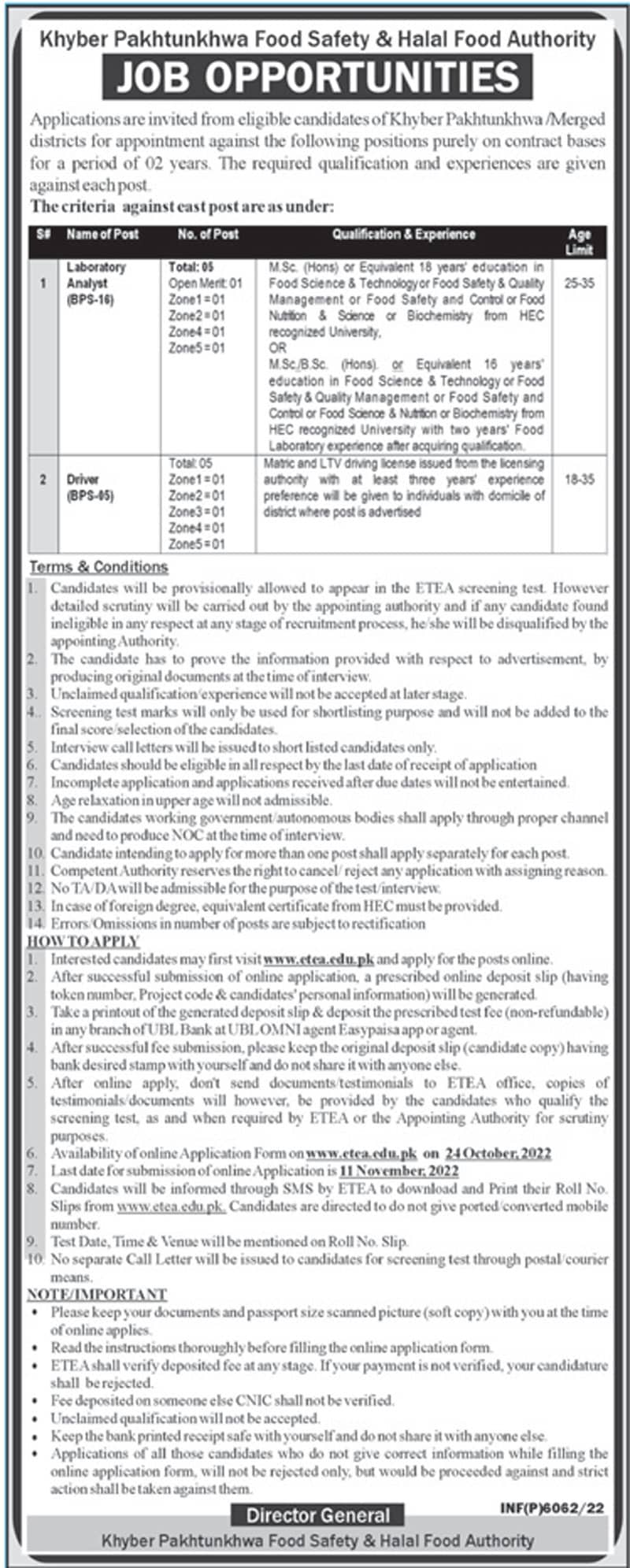 Khyber Pakhtunkhwa Food Safety & Halal Food Authority KPK Jobs 2022 – Online Apply Etea.edu.pk