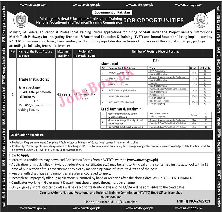 Ministry of Federal Education Islamabad Jobs 2021 - www.nvttc.gov.pk