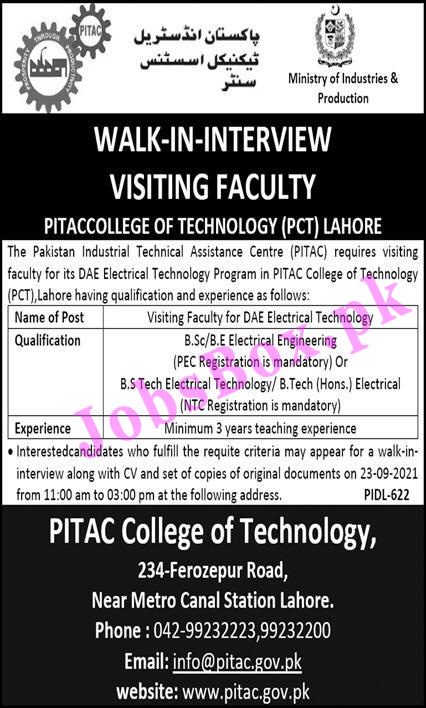 PITAC College of Technology PCT Lahore Jobs 2021
