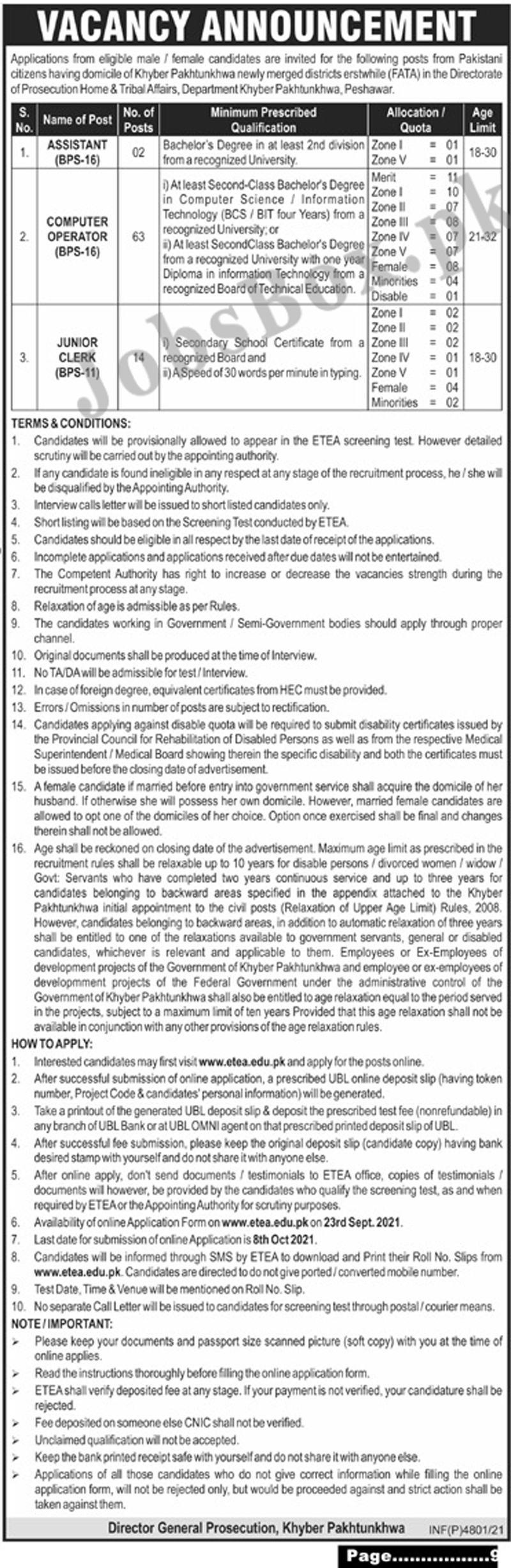 Prosecution Home & Tribal Affairs Department KPK Jobs 2021