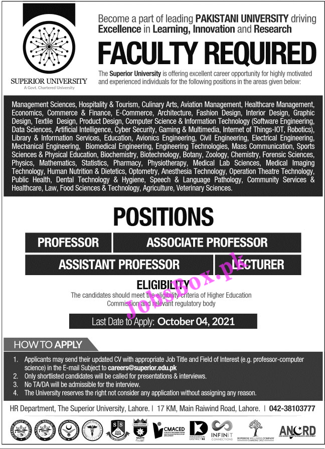 Superior University Lahore Jobs 2021 - Apply Online