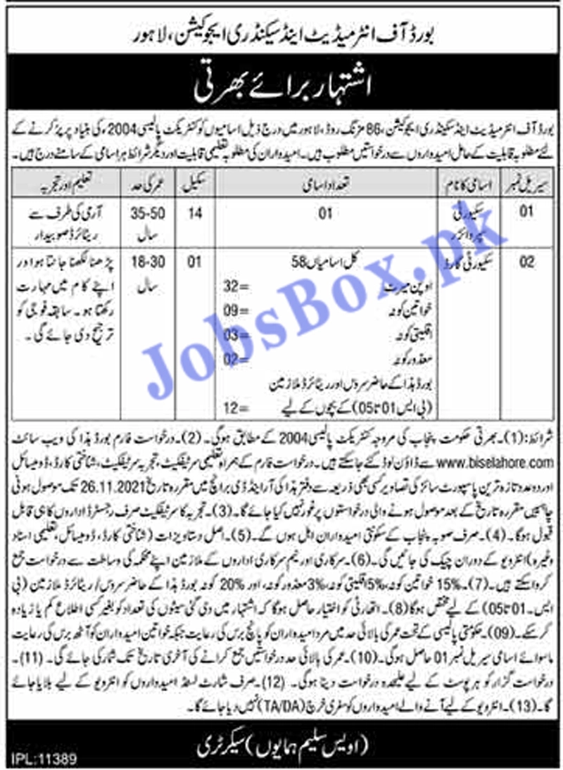 BISE Lahore Latest Jobs 2021