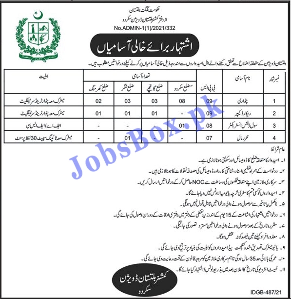 Commissioner Office Baltistan Division Skardu Jobs 2021