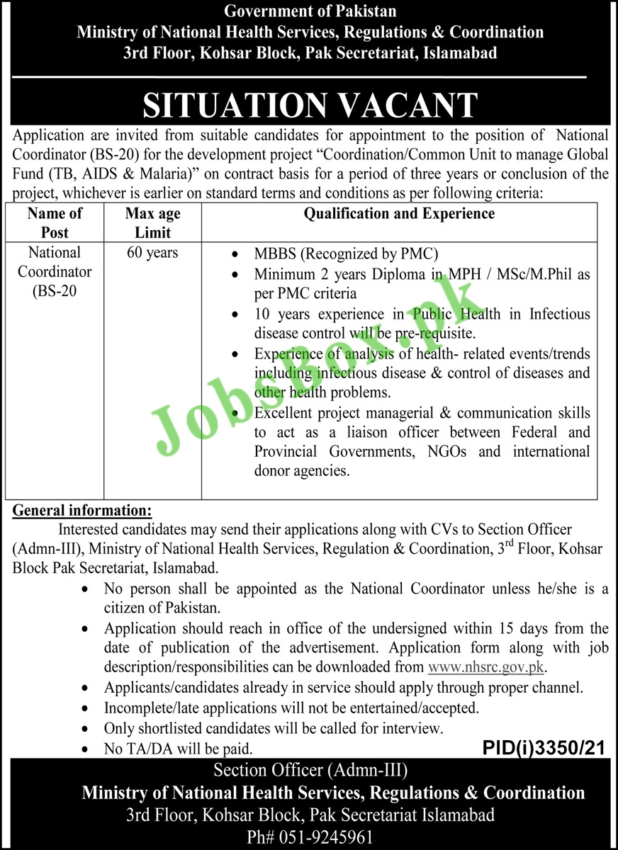 Ministry of National Health Services Jobs 2021 for National Coordinator