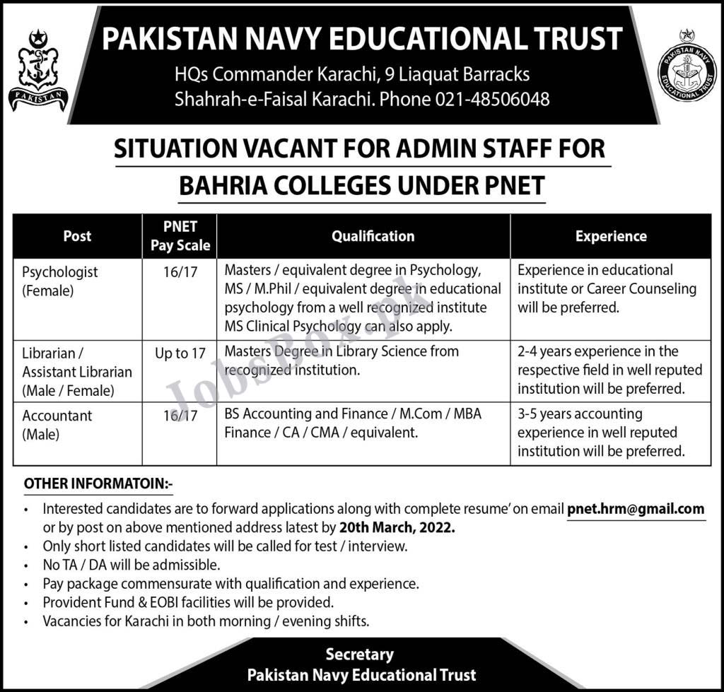 Pakistan Navy Educational Trust Jobs 2022 PNET Latest