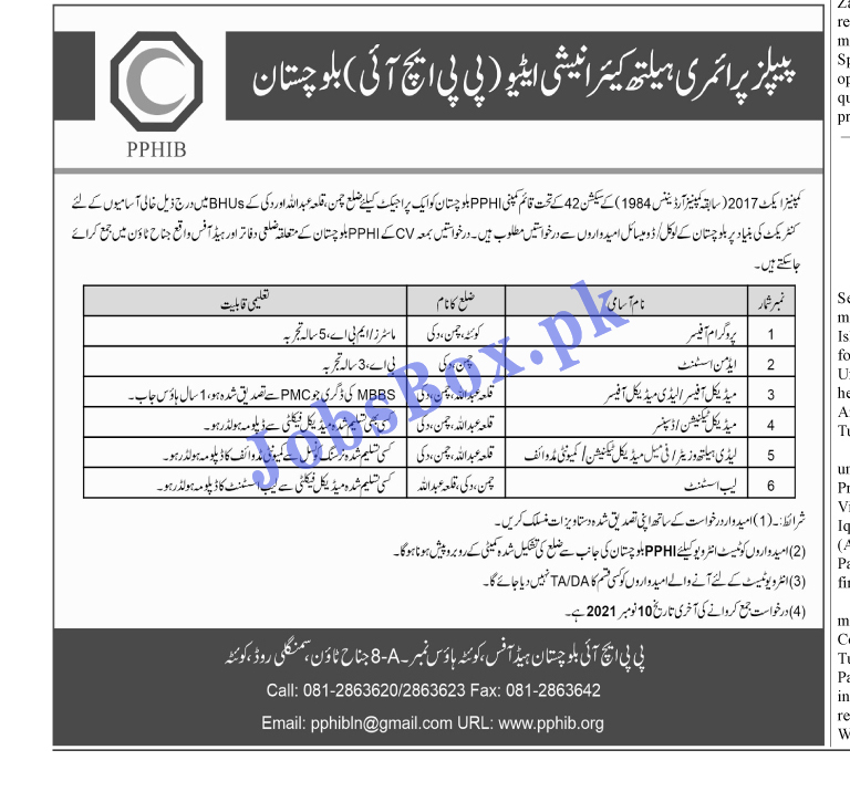 Peoples Primary Health Initiative PPHI Balochistan Jobs 2021 Latest