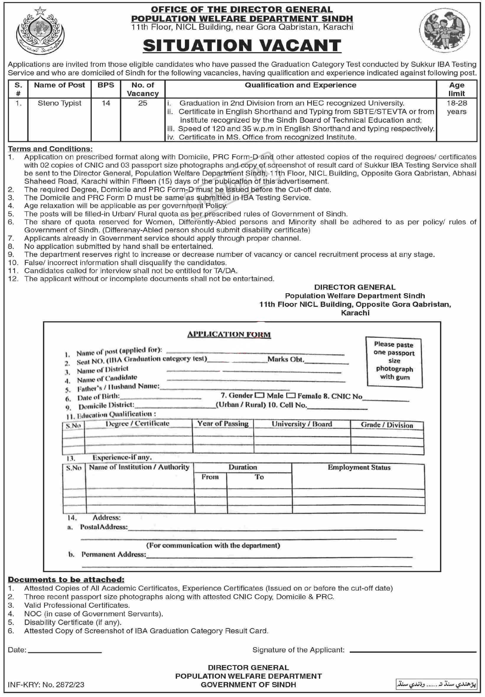 Population Welfare Department Sindh Jobs 2023