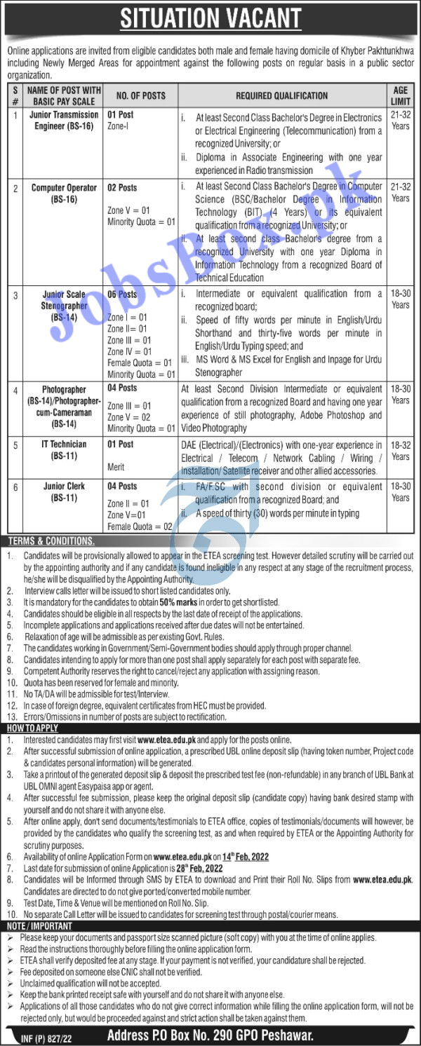 Public Sector Department KPK Jobs 2022 PO Box 290 GPO Peshawar