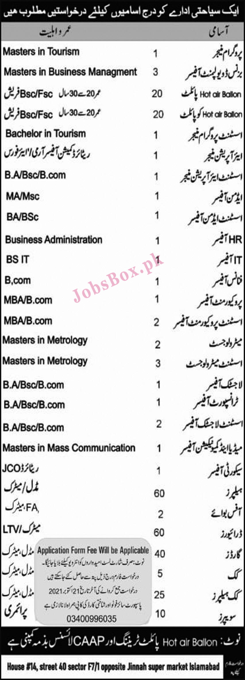 Tourism Agency Islamabad Jobs 2021