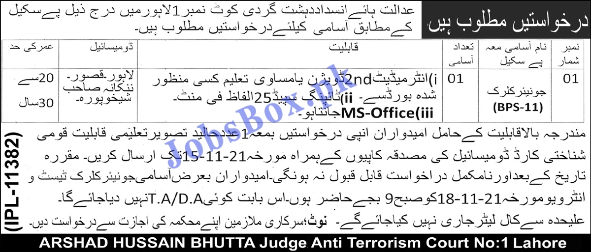 Anti-Terrorism Court Lahore Jobs 2021