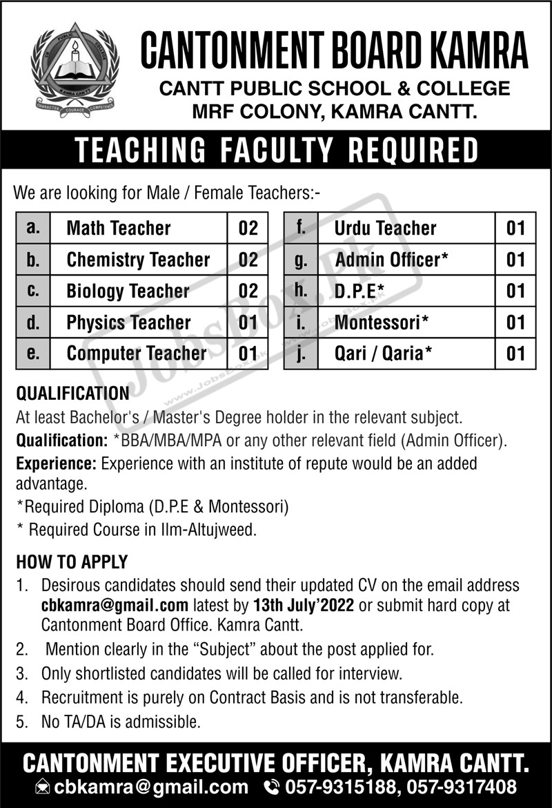 Cantt Public School & College MRF Colony Kamra Cantt Jobs 2022