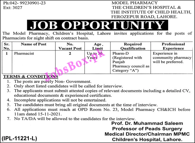 Children Hospital Lahore Jobs 2021 for Pharmacist