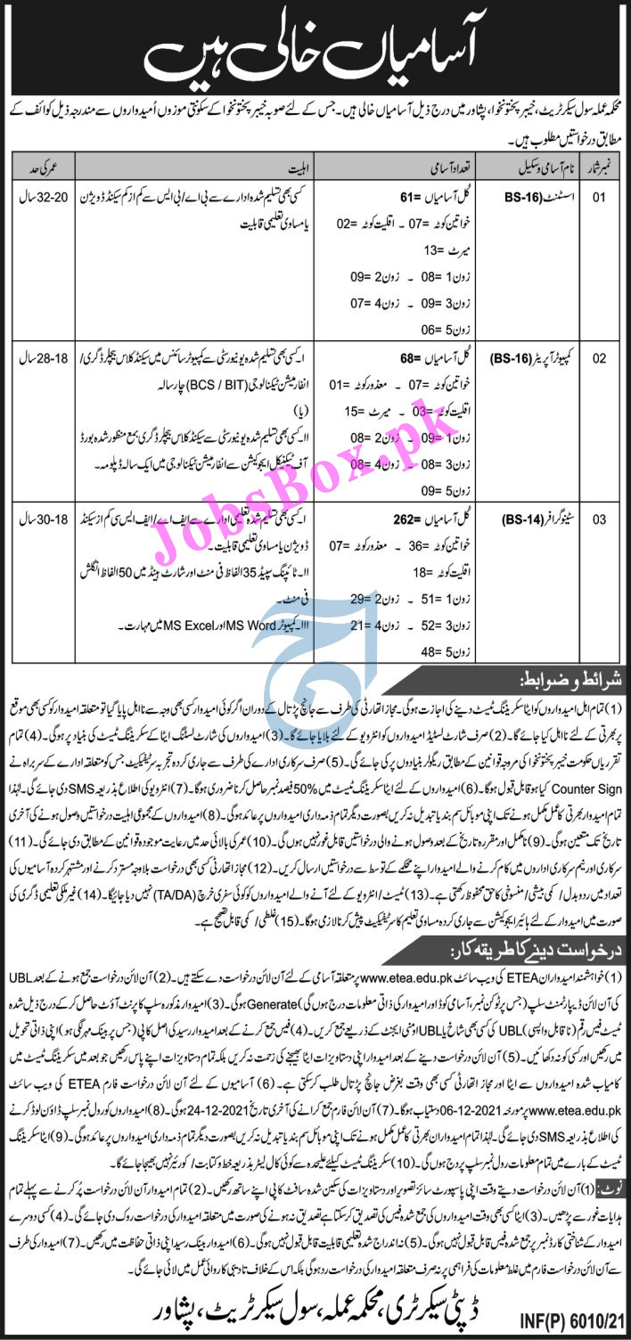 Civil Secretariat KPK Jobs 2021 For Males & Females via ETEA