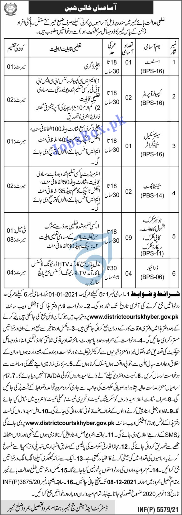 District Courts Khyber Jobs 2021 - Download Application Form