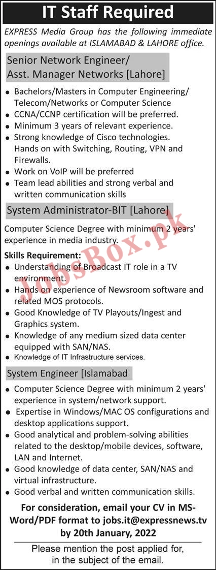 Express Media Group Jobs 2022 in Lahore & Islamabad