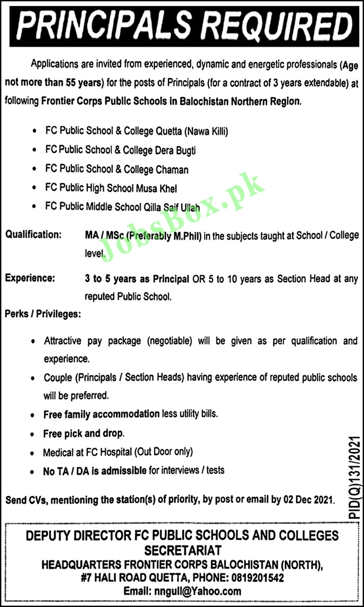 FC Public Schools and Colleges Jobs 2021 in Balochistan