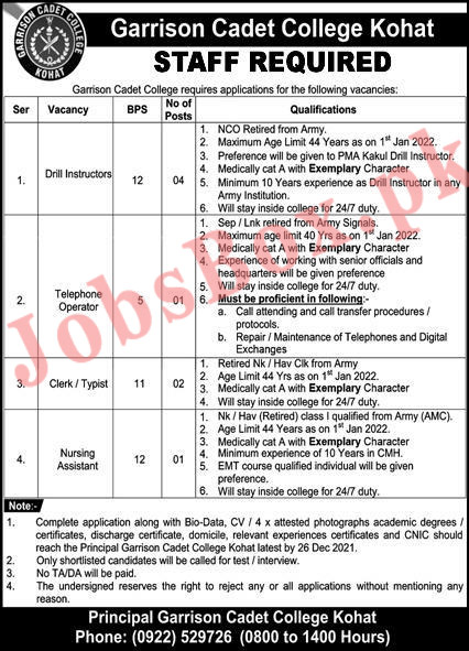 Garrison Cadet College Kohat Jobs 2021 for Retired Persons