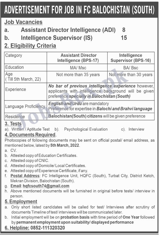 Join FC Jobs 2022 Frontier Corps South Balochistan for Intelligence Supervisor