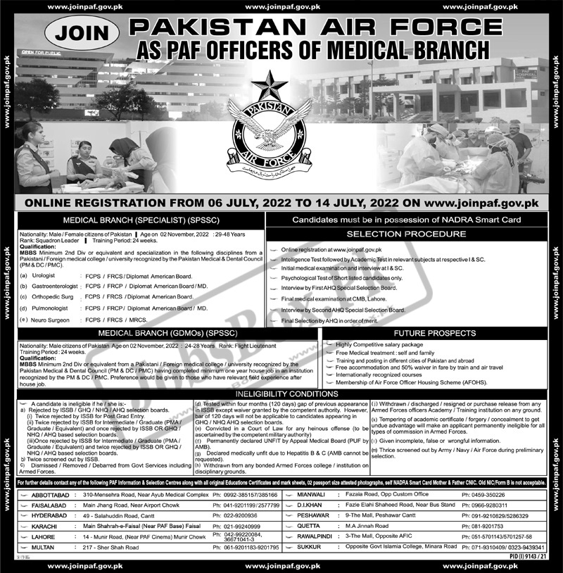 Join Pakistan Air Force PAF Jobs 2022 as PAF Officers of Medical Branch