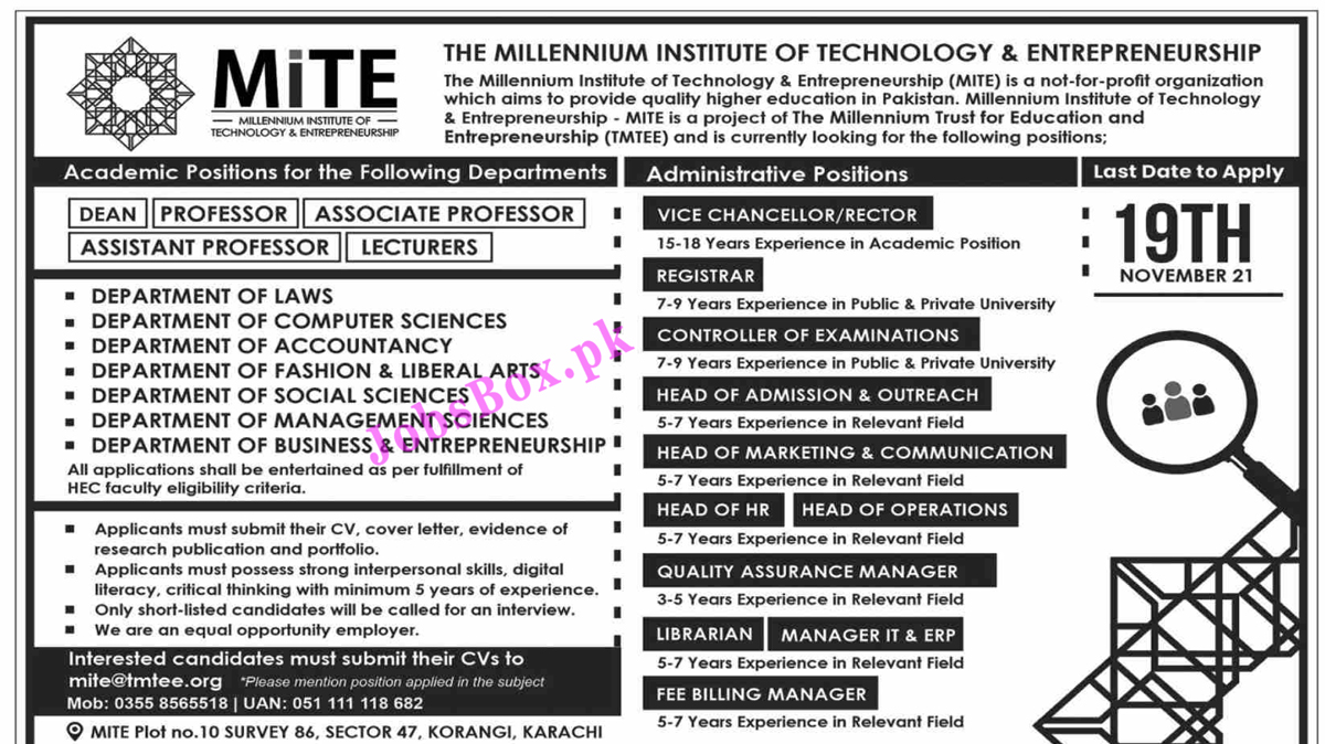 Millennium Institute of Technology & Entrepreneurship MITE Jobs 2021