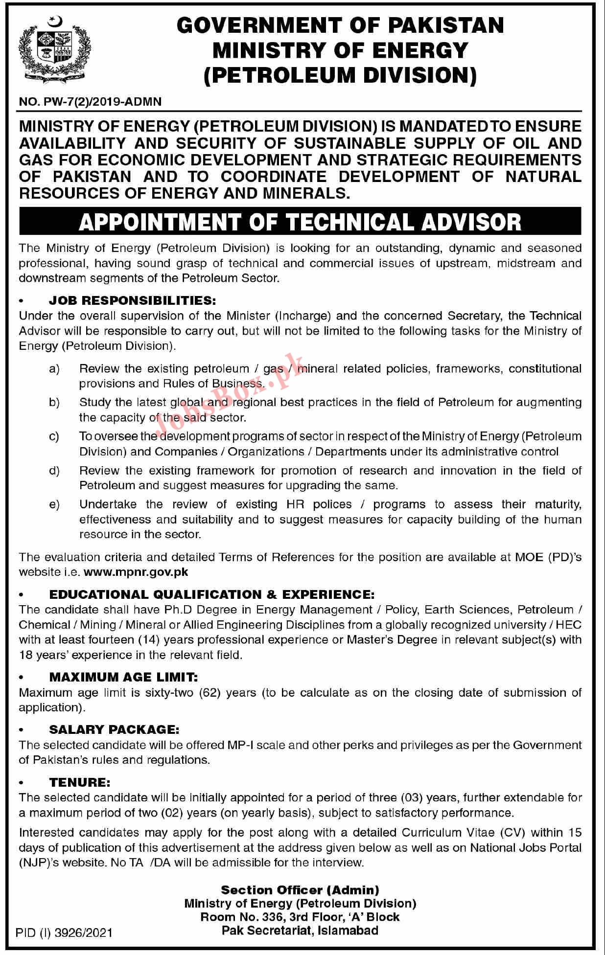 Ministry of Energy Jobs 2021 for Technical Advisor