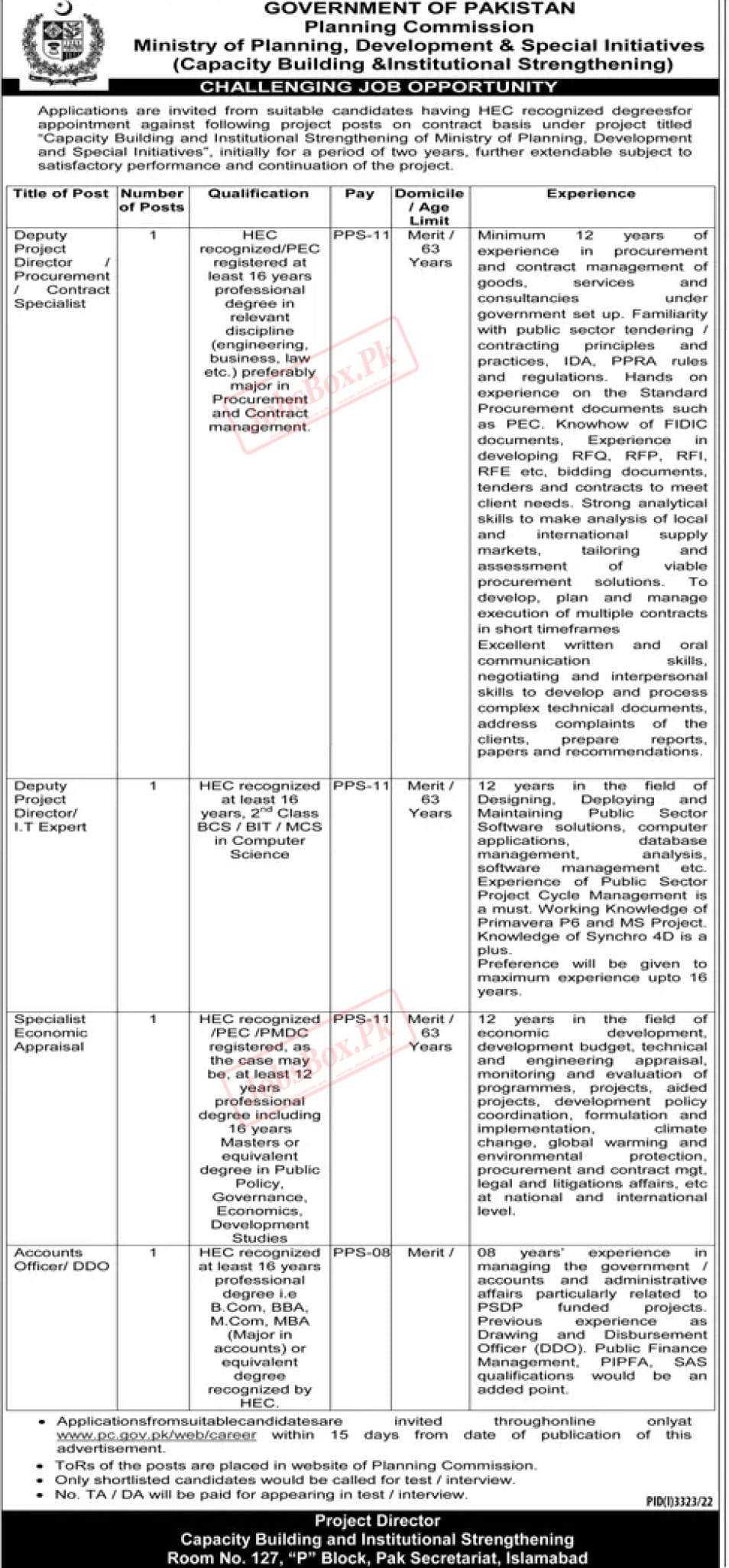 Ministry of Planning and Development Jobs 2022 in Planning Commission
