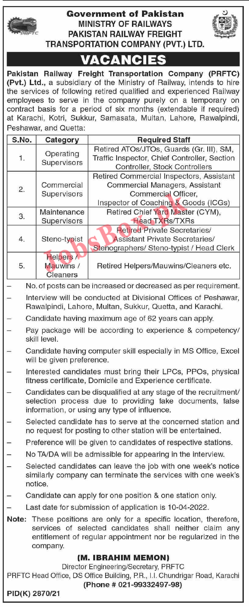 Ministry of Railways PRFTC Jobs 2022 - Pakistan Railways Career