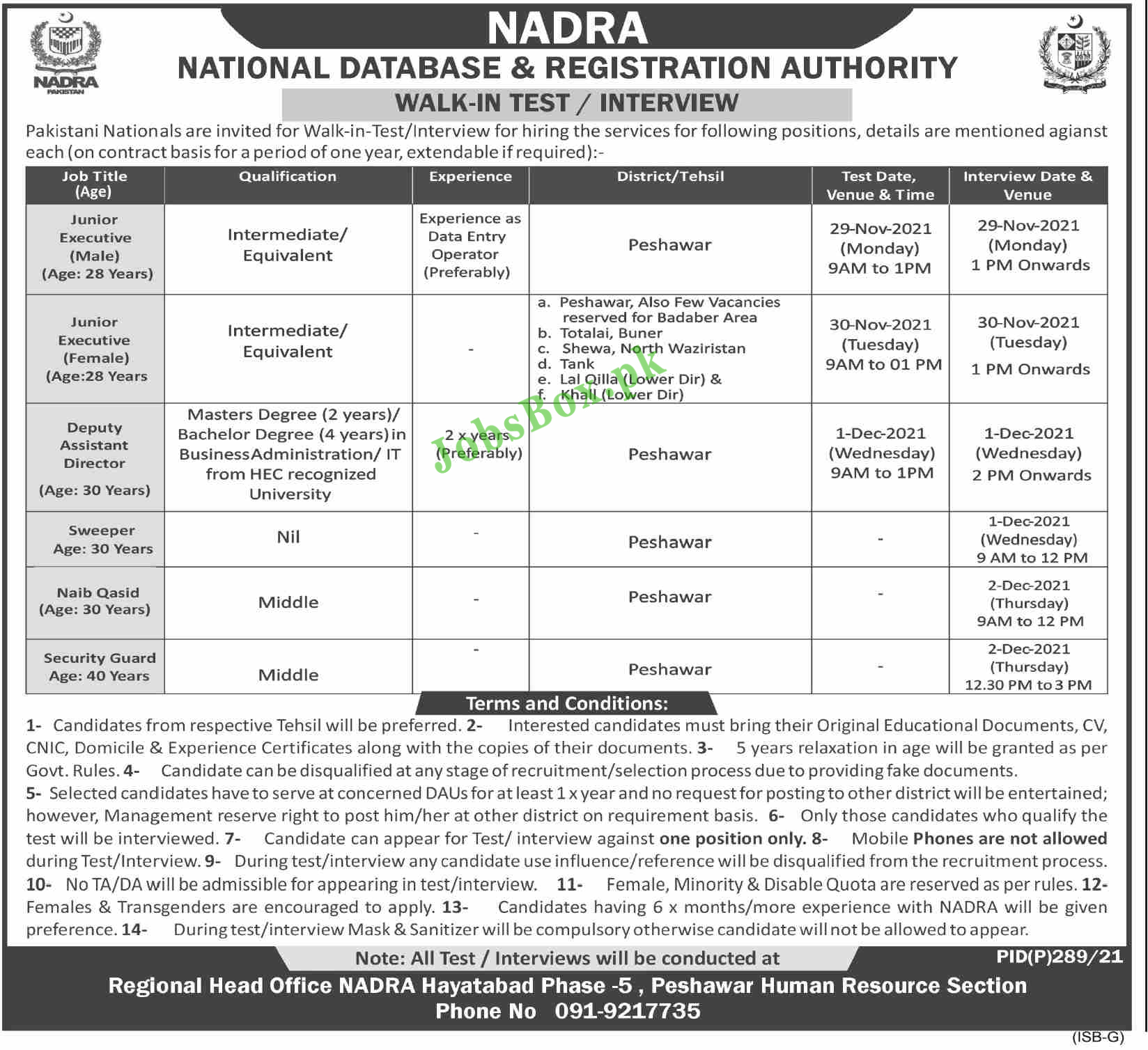Nadra Head Office Peshawar Jobs 2021