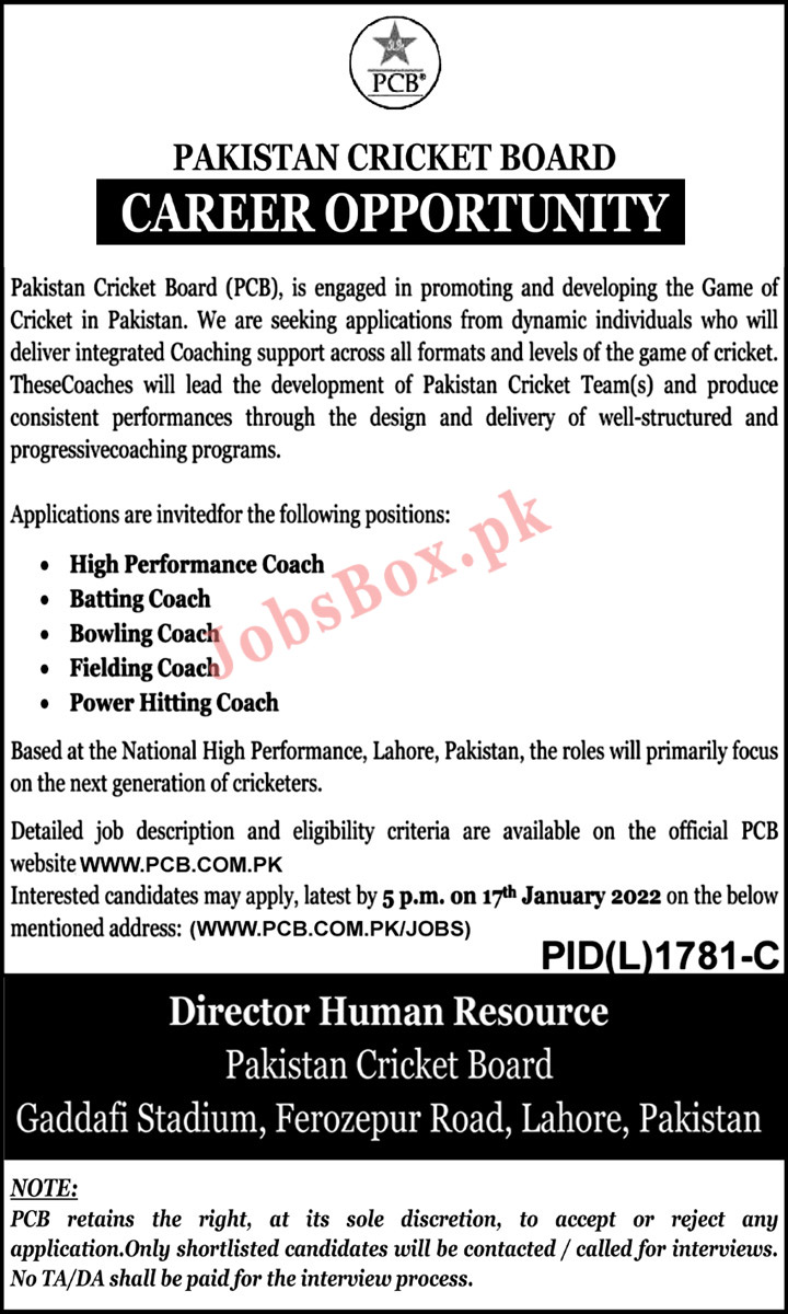 PCB Jobs 2021 - Pakistan Cricket Board Jobs for Coaching Staff