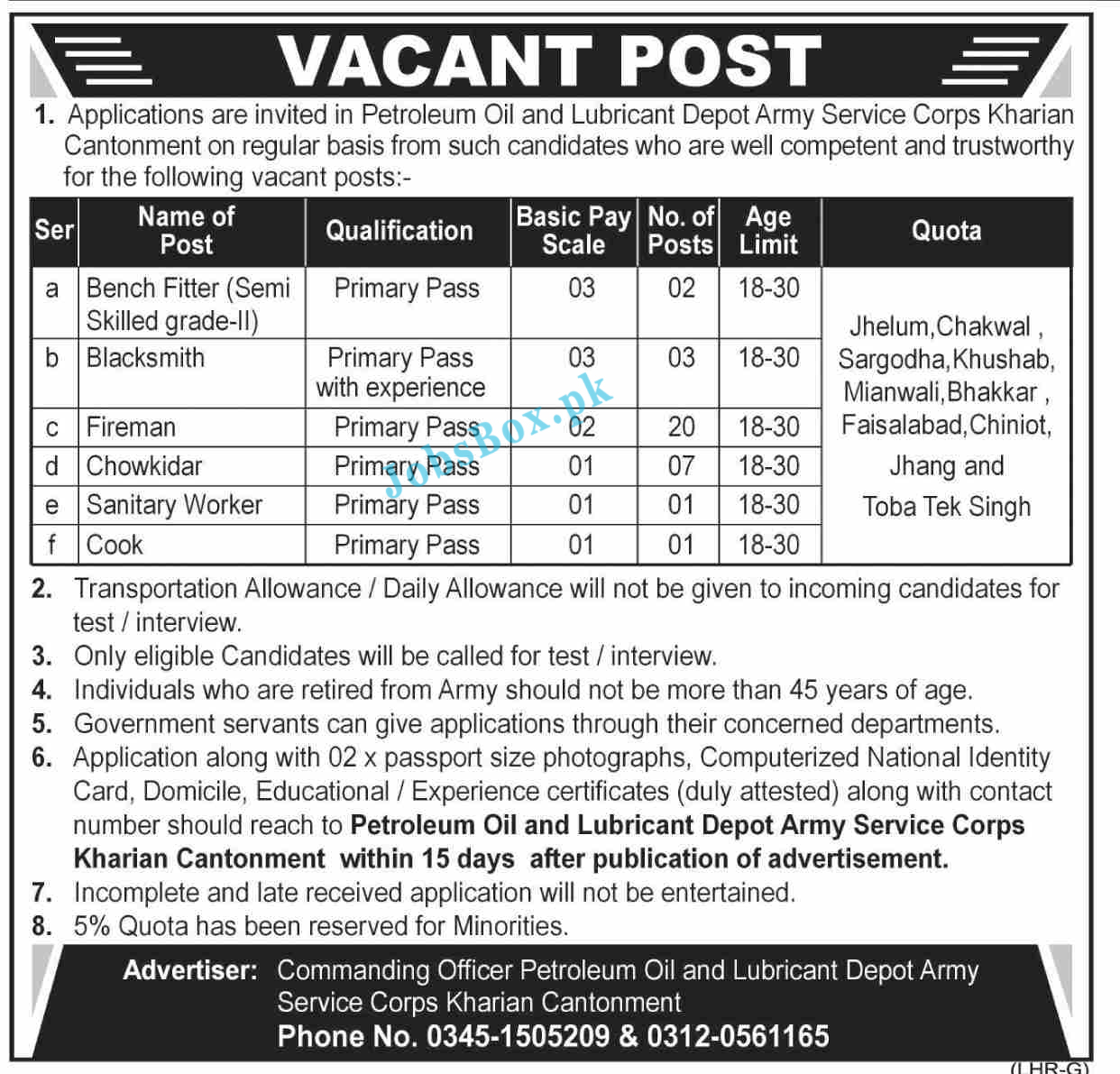 Petroleum Oil & Lubricant Depot Army Service Corps Kharian Cantt Jobs 2021