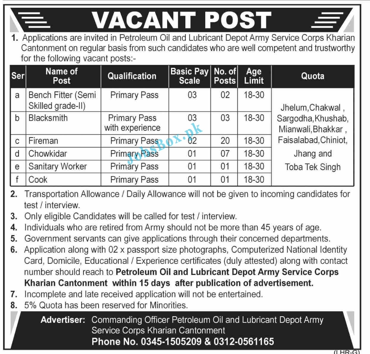 Petroleum Oil & Lubricant Depot Army Service Corps Kharian Cantt Jobs 2021