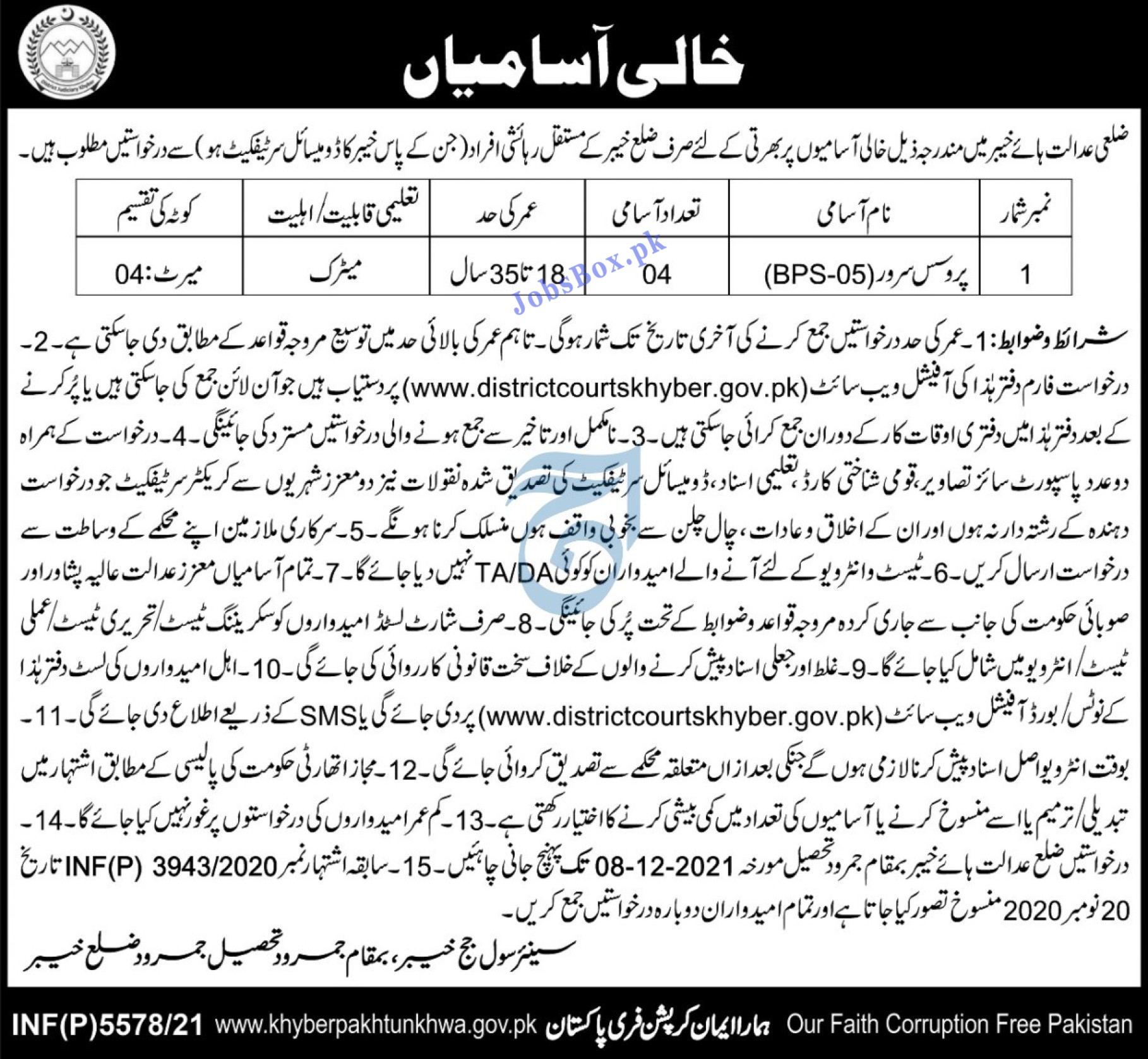 Process Server Jobs - Government Jobs  in Khyber District
