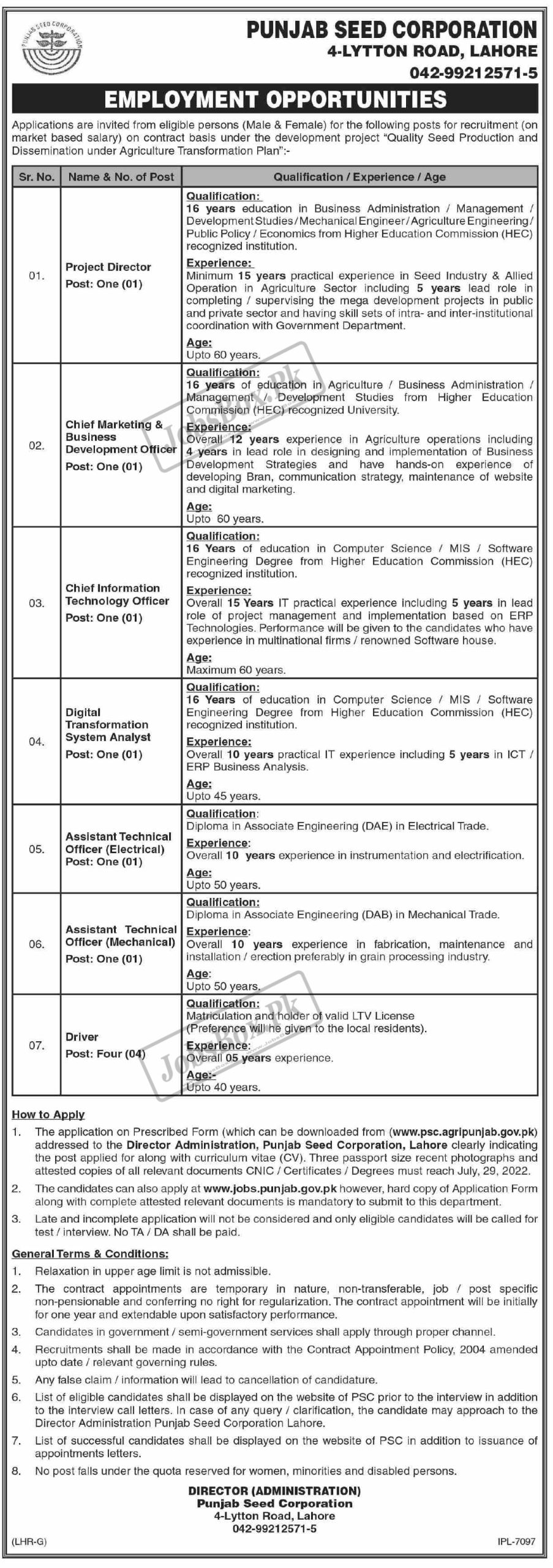 Punjab Seed Corporation Lahore Jobs 2022 - Download Form Online