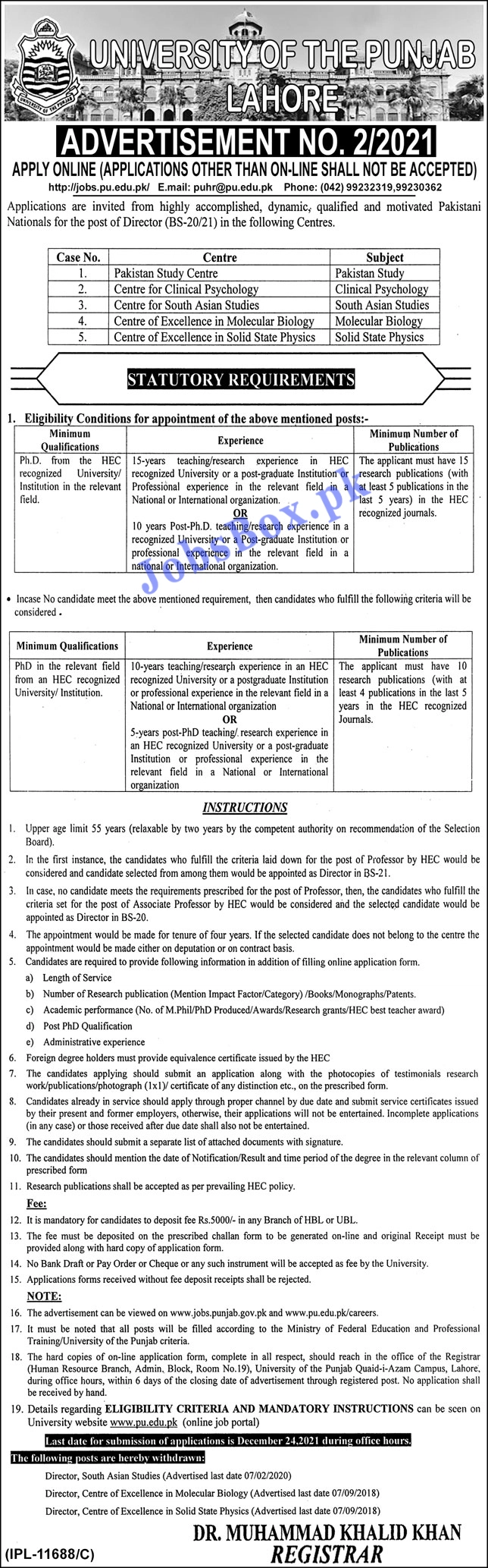 Punjab University PU Lahore Jobs 2021 - Jobs.pu.edu.pk