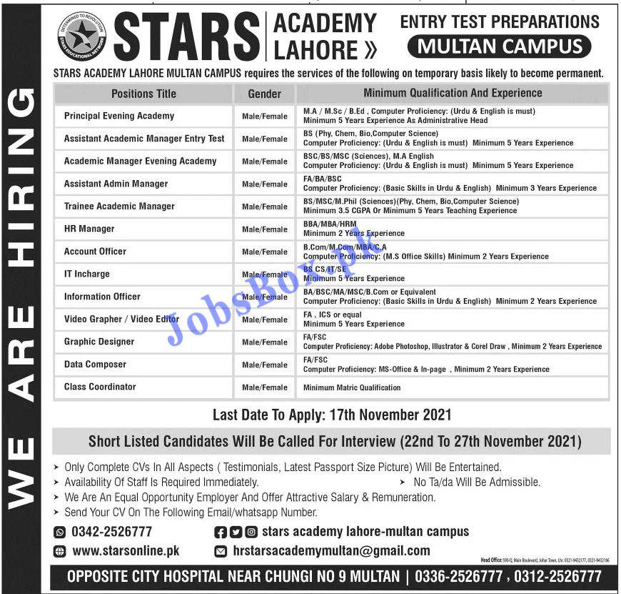 Stars Academy Multan Campus Jobs 2021 for Males and females