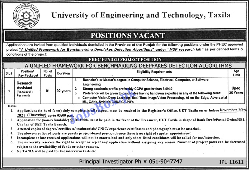 University of Engineering & Technology UET Taxila Jobs 2021