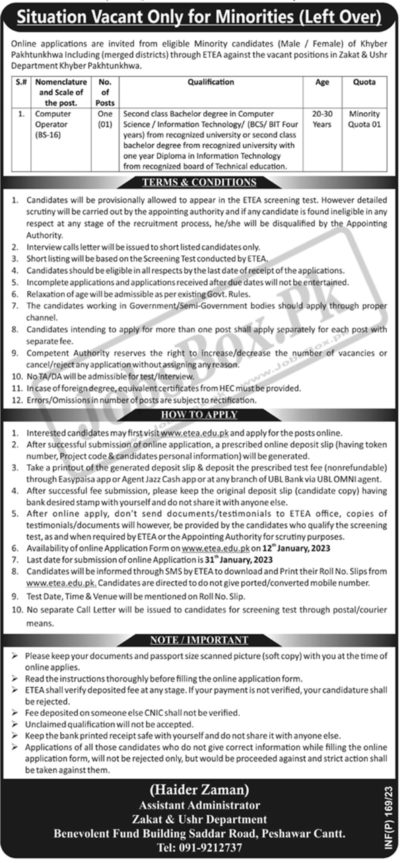 Zakat and Ushr Department KPK Jobs 2023 Online Application via ETEA