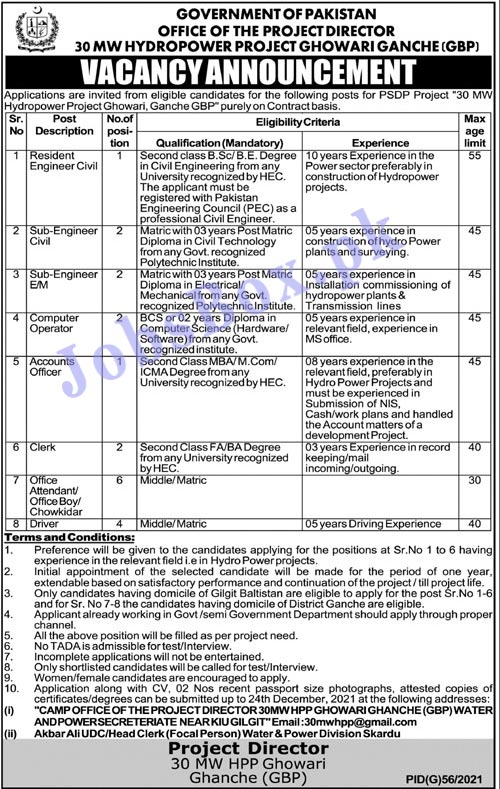 30 MW Hydropower Project Ghowari Ghanche Jobs 2021