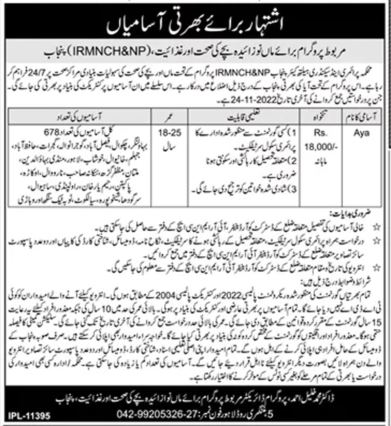 Aya Jobs 2022 in Health Department Punjab - New Govt Jobs for Females in Punjab