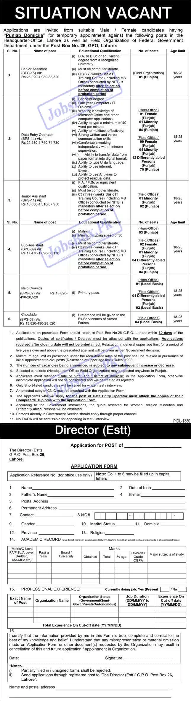 Federal Government Punjab PO Box No 26 Lahore Jobs 2022