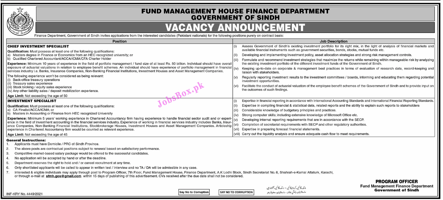 Finance Department Sindh Jobs 2021 