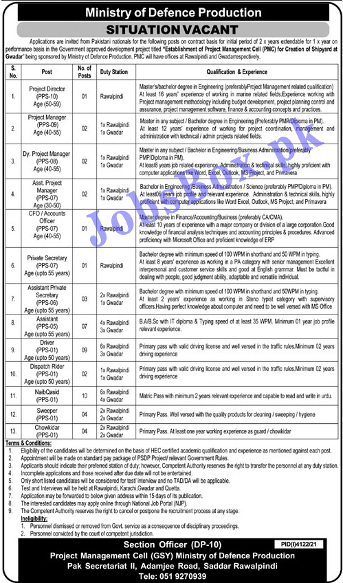 Ministry of Defence Production Islamabad Jobs 2021