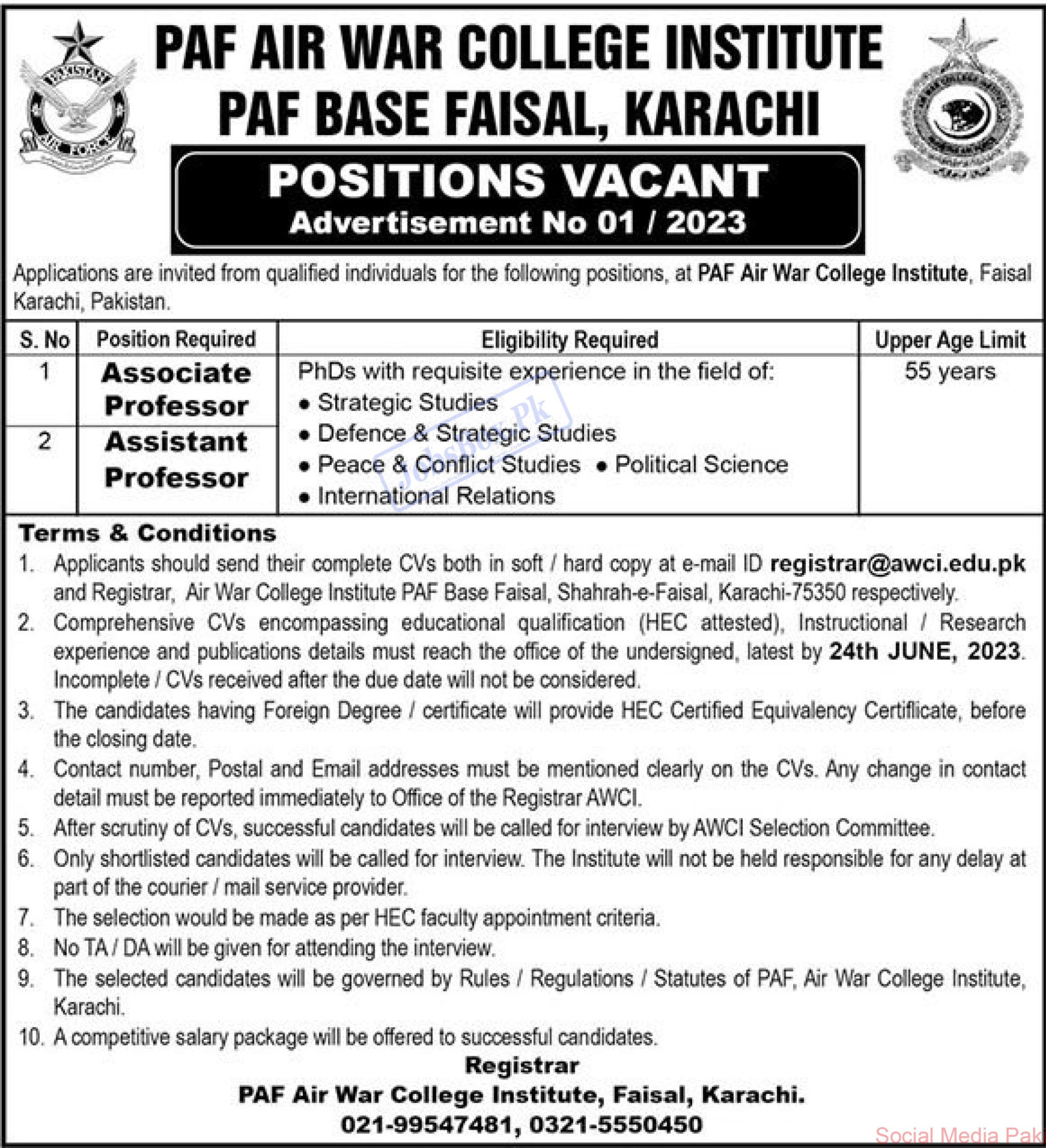 PAF Air War College Institute PAF Faisal Base Karachi Jobs 2023