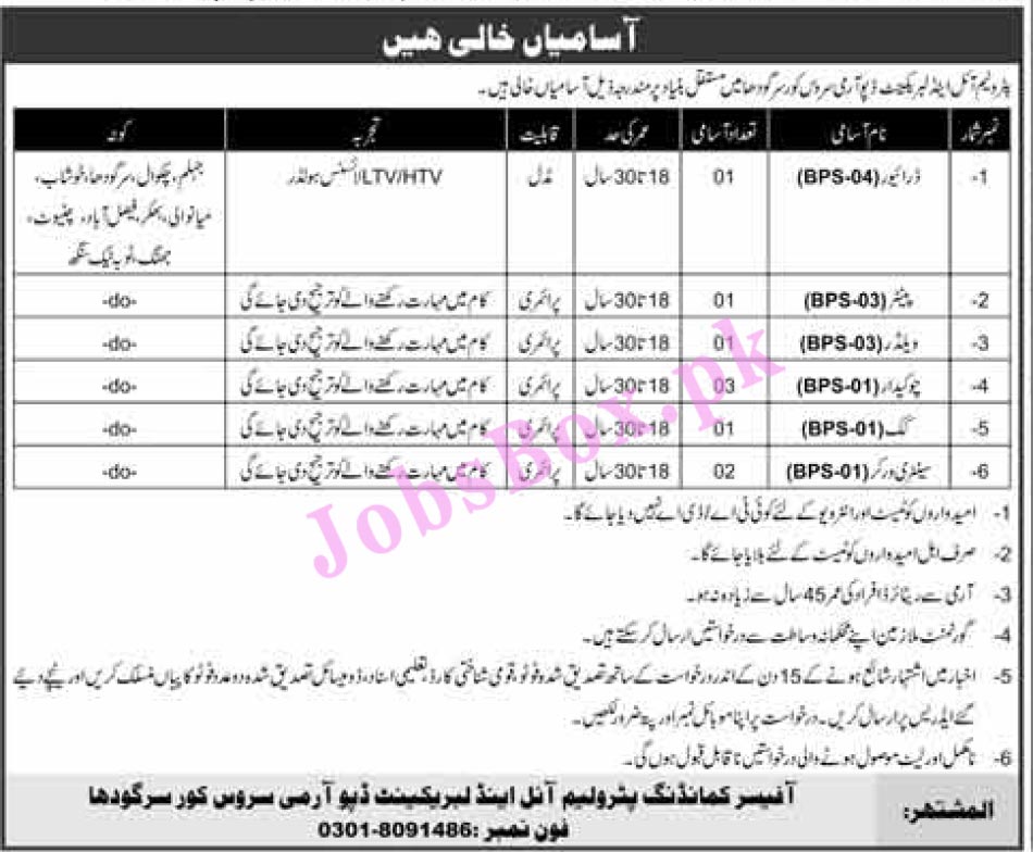 POL Depot Army Services Corps Sargodha Jobs 2021