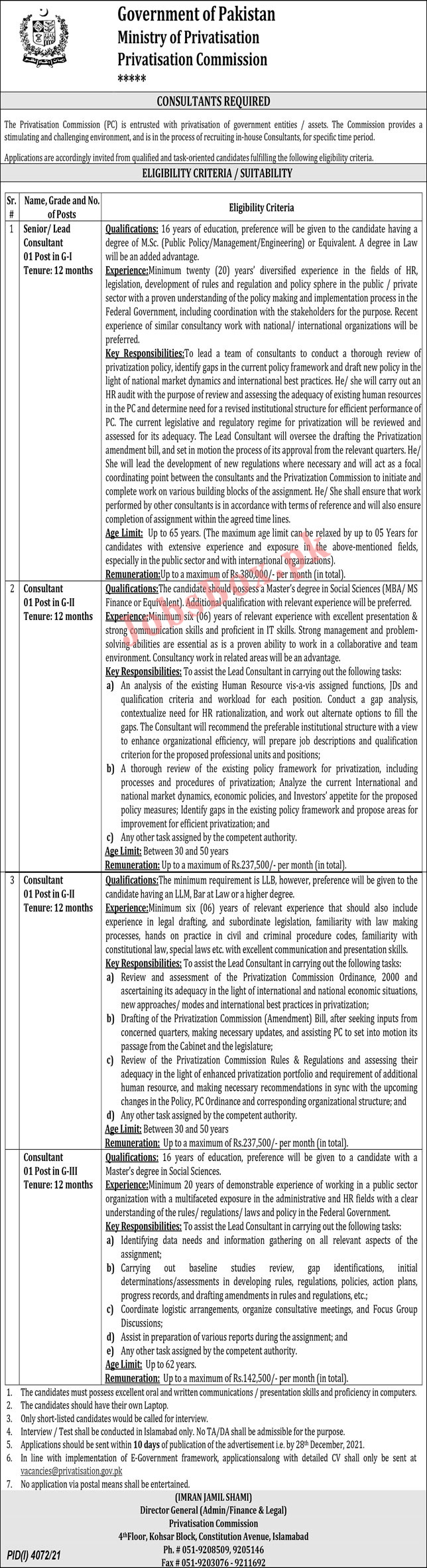 Privatisation Commission Government of Pakistan Jobs 2021