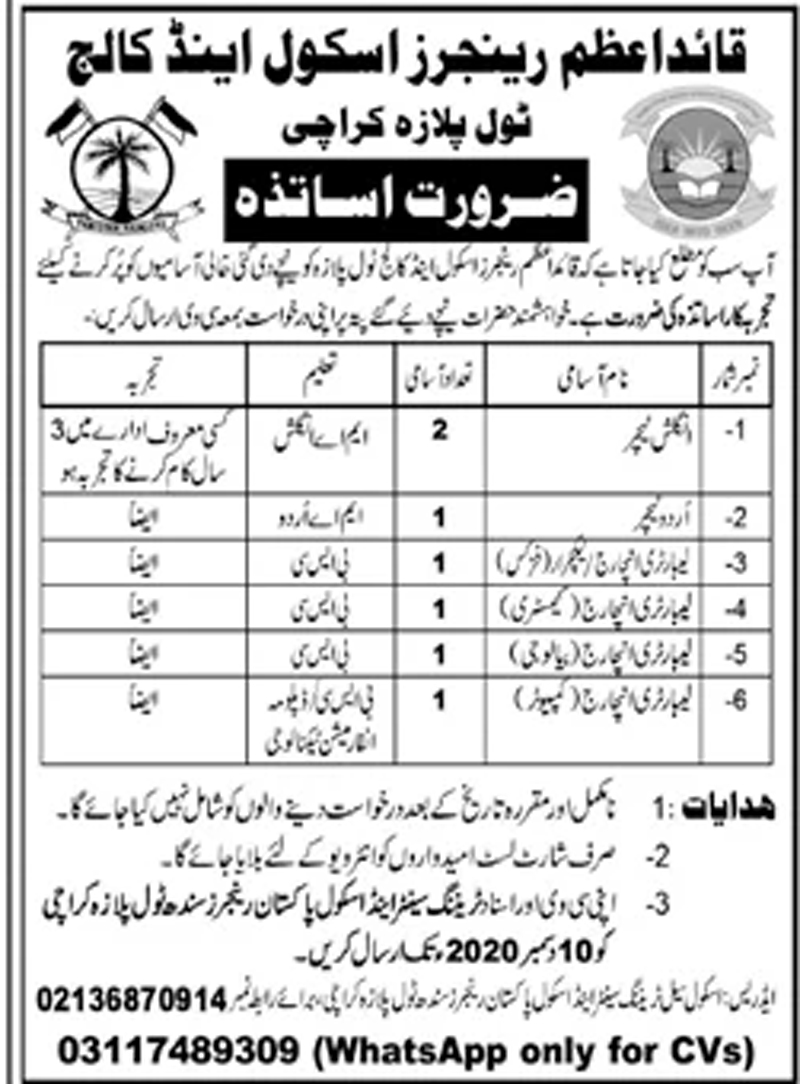 Quaid e Azam Rangers School & College Karachi Jobs 2021